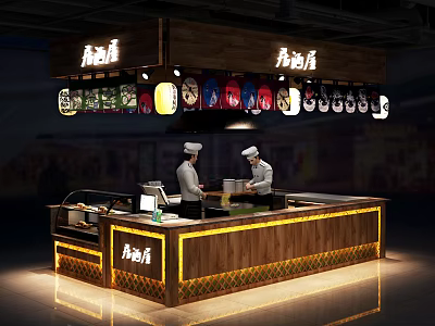Elegant Sushi Restaurant Wooden Counter Chefs Preparing Food Hanging Signs Menu Displays 3d model