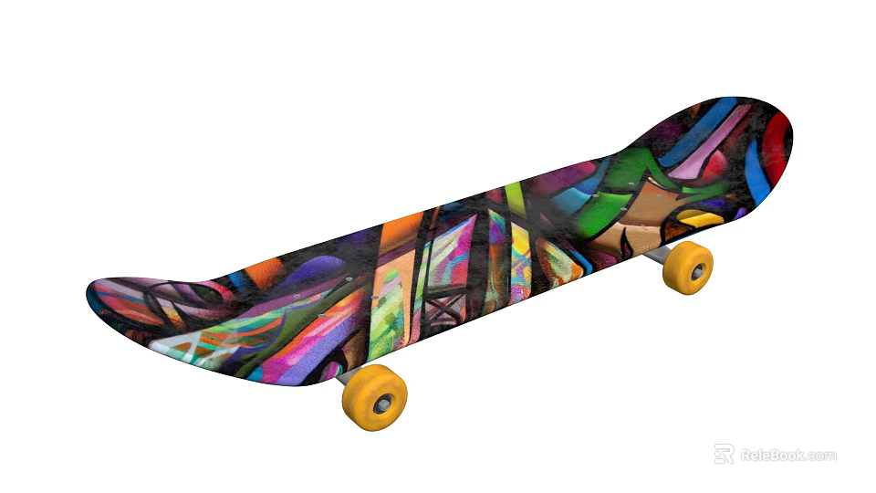 Vibrant Stylish Skateboard With Colorful Graffiti Art And Yellow Wheels For Sports 3d model 