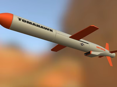 Tomahawk Missile With Orange Nose White Body And Orange Tail Fins Flying Over Natural Landscape 3d model
