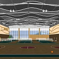 Modern Basketball Gymnasium with Wave Ceiling Design Large Windows Wooden Walls and Colorful Floor