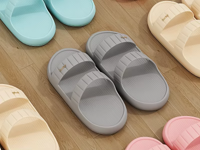 Multiple Colors Bathroom Slippers With Comfortable Design On Wooden Floor 3d model