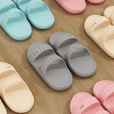 Multiple Colors Bathroom Slippers With Comfortable Design On Wooden Floor 3d model