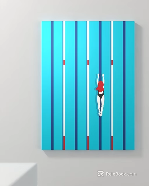 Female Diver In Black Swimsuit Diving From Board With Blue White Stripes Background 3d model 