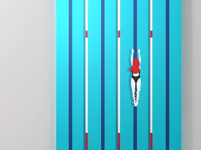 Female Diver In Black Swimsuit Diving From Board With Blue White Stripes Background 3d model