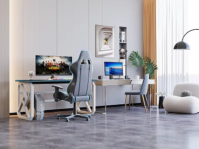 Modern Home Office Desk With Dual Monitors Gaming Chair And Potted Plant 3d model