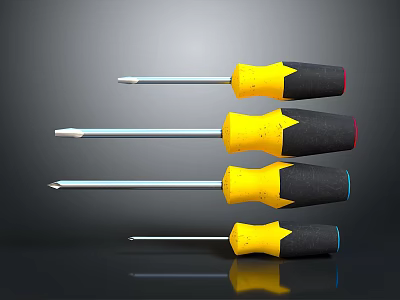 Set of Four Different Size Screwdrivers with Yellow Black Handles and Metal Tips 3d model