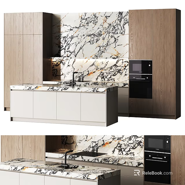 Modern Kitchen Interior With Marble Backsplash White Cabinets Wooden Elements And Black Appliances 3d model 