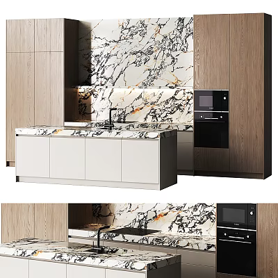 Modern Kitchen Interior With Marble Backsplash White Cabinets Wooden Elements And Black Appliances 3d model