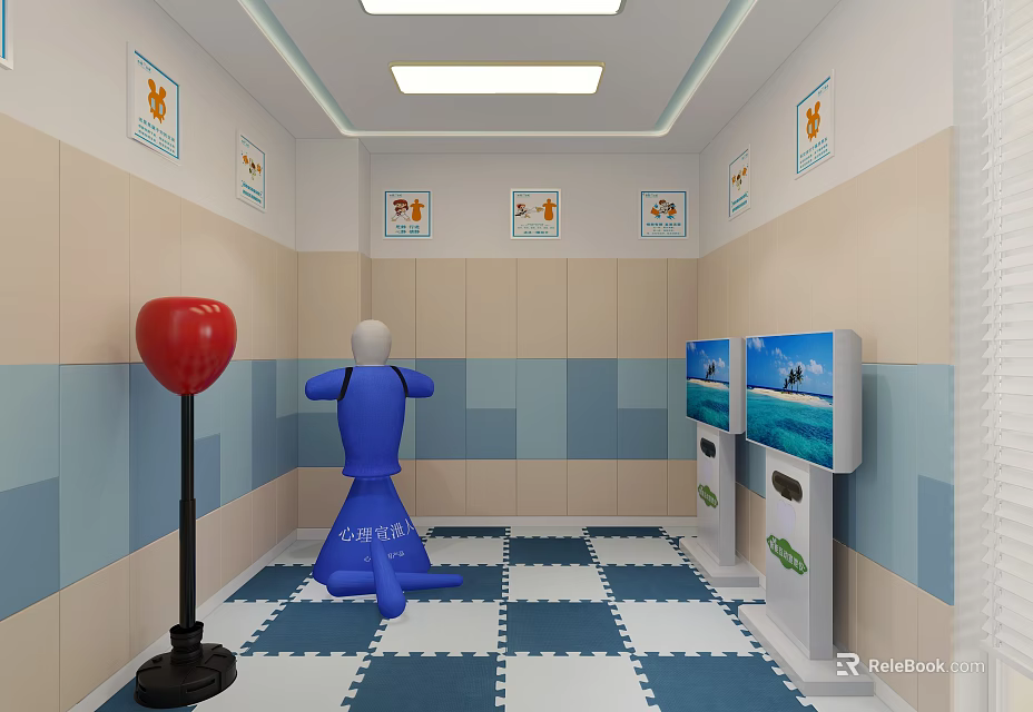 Interactive Room With Blue Mannequin Red Punching Bag Screens Checkered Floor Mat And Wall Art 3d model 