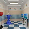 Interactive Room With Blue Mannequin Red Punching Bag Screens Checkered Floor Mat And Wall Art