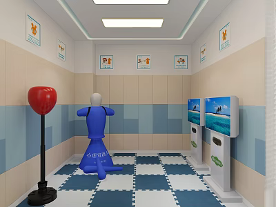 Interactive Room With Blue Mannequin Red Punching Bag Screens Checkered Floor Mat And Wall Art 3d model