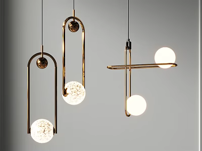 Modern Minimalist Pendant Lights With Golden Metal Frames And Spherical Bulbs For Interior Design 3d model