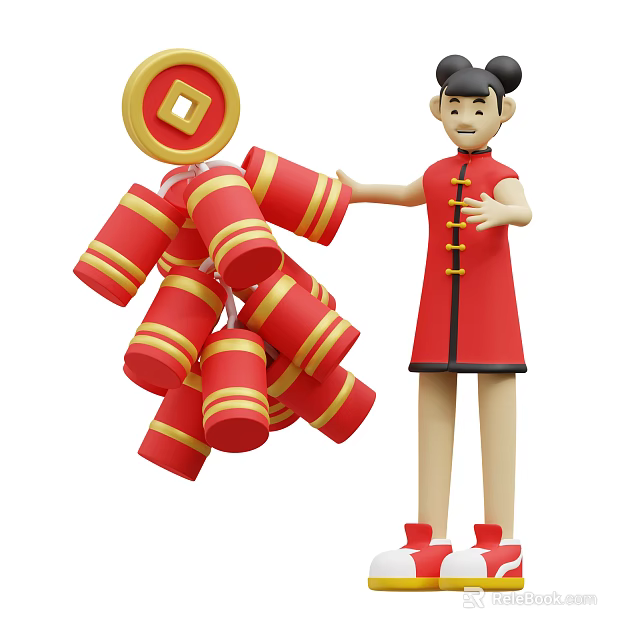 Traditional Woman Wearing Red Qipao Holding Red Firecrackers and Golden Coin 3d model 