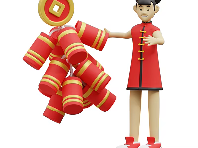 Traditional Woman Wearing Red Qipao Holding Red Firecrackers and Golden Coin 3d model