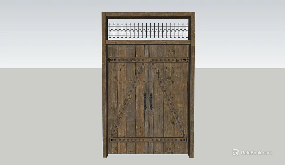 Wooden Double Doors With Metal Accents And Grilled Top Panel Design 3d model 