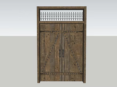 Wooden Double Doors With Metal Accents And Grilled Top Panel Design 3d model