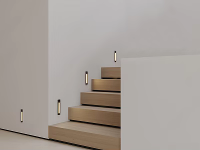 Modern Wall Lights on White Walls Along Wooden Staircase Steps Illuminating Contemporary Interior Space 3d model