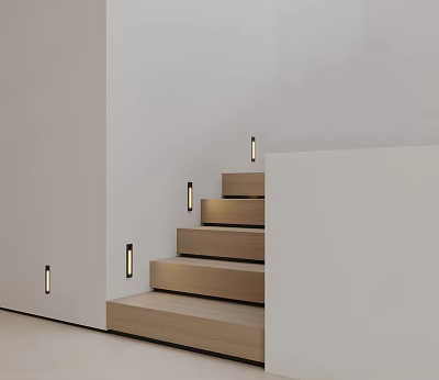 Modern Wall Lights on White Walls Along Wooden Staircase Steps Illuminating Contemporary Interior Space 3d model