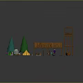 Outdoor Camping Scene With Yellow Tent Green Trees Wooden Shelter And Boat