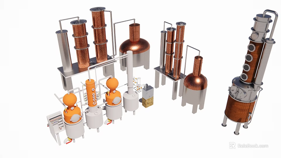 Copper Distillation Equipment With Columns Tanks And Pipes For Industrial Use 3d model 