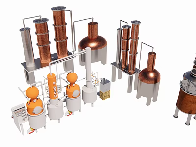 Copper Distillation Equipment With Columns Tanks And Pipes For Industrial Use 3d model