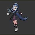 Anime Style Game and Movie Character with Blue Flowing Hair Dark Dress and White Shoes