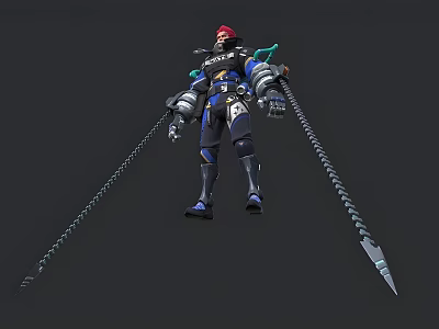 Man With Red Hair In Blue Black Armor Holding Long Chain Weapons And Mechanical Parts 3d model