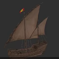 Sailing Ship With Two Large Sails Wooden Hull And Red Yellow Flag