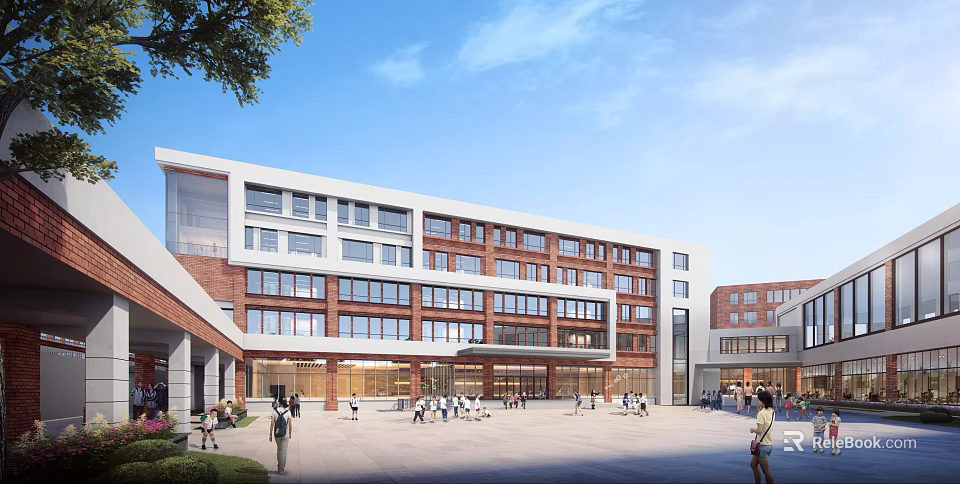 Modern School Building With Red Brick White Exterior And Front Plaza For Students 3d model 
