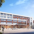 Modern School Building With Red Brick White Exterior And Front Plaza For Students
