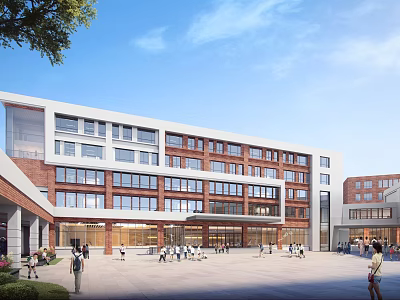 Modern School Building With Red Brick White Exterior And Front Plaza For Students 3d model