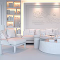 Modern Sofa And Coffee Table Set With Light Upholstered Patterned Cushions Round Black Woven Tables Decorative Items