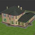 Cartoon House With Green Roof Beige Walls Windows Chimneys And Green Grass