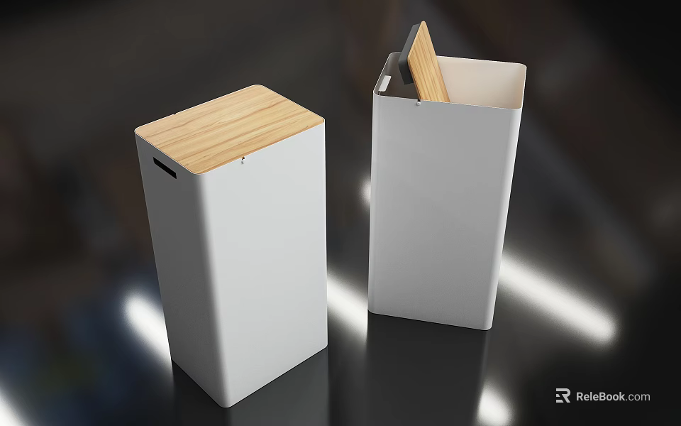 Two White Trash Bins With Wooden Lid And Open Top Design For Home Use 3d model 