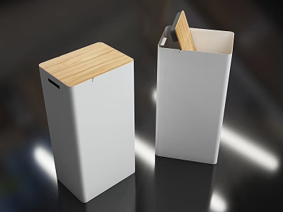 Two White Trash Bins With Wooden Lid And Open Top Design For Home Use 3d model