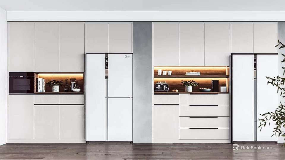 Modern Kitchen Sideboard Design With White Cabinets LED Lighting And Green Plants 3d model 
