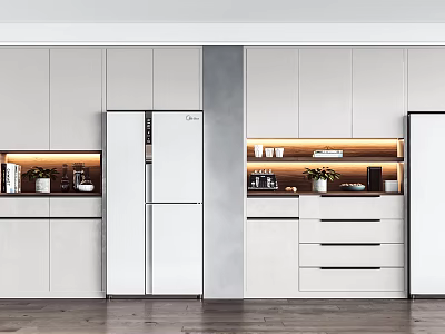 Modern Kitchen Sideboard Design With White Cabinets LED Lighting And Green Plants 3d model
