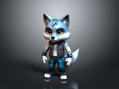 Cute Cartoon Wolf Figure Wearing Black Vest And Blue Jeans Standing On Dark Background 3d model