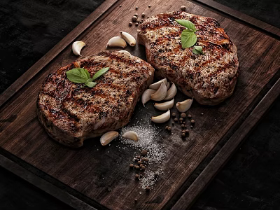 Grilled Steak on Wooden Cutting Board with Garlic Cloves Black Peppercorns Salt and Basil Leaves 3d model