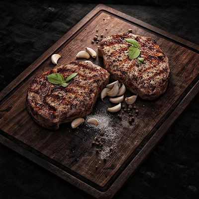 Grilled Steak on Wooden Cutting Board with Garlic Cloves Black Peppercorns Salt and Basil Leaves 3d model