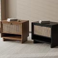 Two Brown And Black Nightstands With Woven Panels And Books On Top