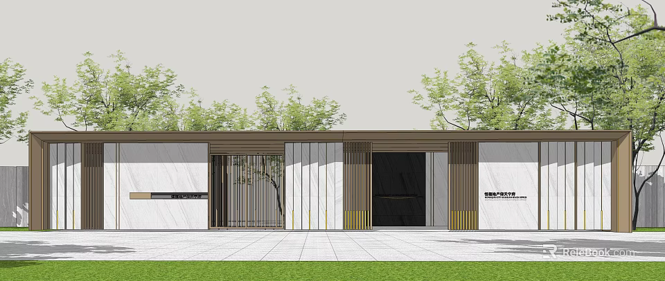 Modern Entrance Gate With Vertical Wooden Grille Black Door And Surrounding Green Plants 3d model 