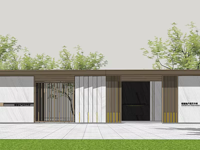 Modern Entrance Gate With Vertical Wooden Grille Black Door And Surrounding Green Plants 3d model