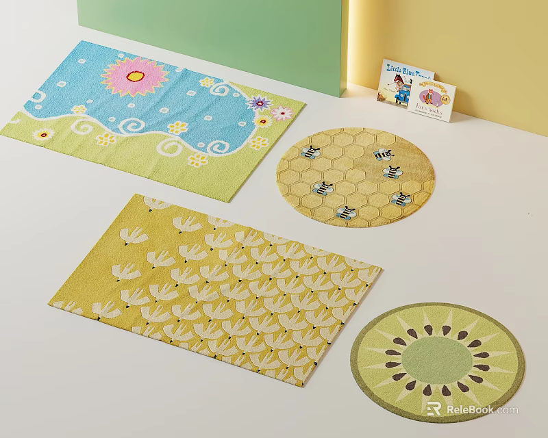 Decorative Square Rugs In Blue Yellow With Flower Wave Bee Honeycomb Patterns 3d model 