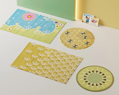 Decorative Square Rugs In Blue Yellow With Flower Wave Bee Honeycomb Patterns 3d model