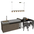 Modern Dining Table Set With Chairs Island Counter And Pendant Lights 3d model