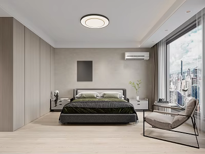 Modern Bedroom Interior With Black Bed Gray Chair Wardrobe Round Ceiling Light And City View 3d model