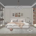 Elegant Modern Bedroom Interior With Plush Bed Pillows Blanket Decorative Paintings Chandelier And Rug