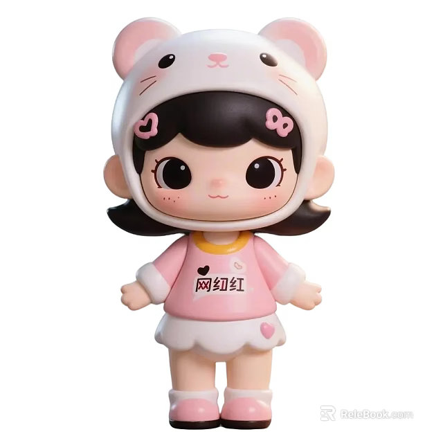 Cute Pink Cartoon Little Girl Doll With Cat Ear Hat And Internet Celebrity Text 3d model 