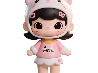 Cute Pink Cartoon Little Girl Doll With Cat Ear Hat And Internet Celebrity Text 3d model